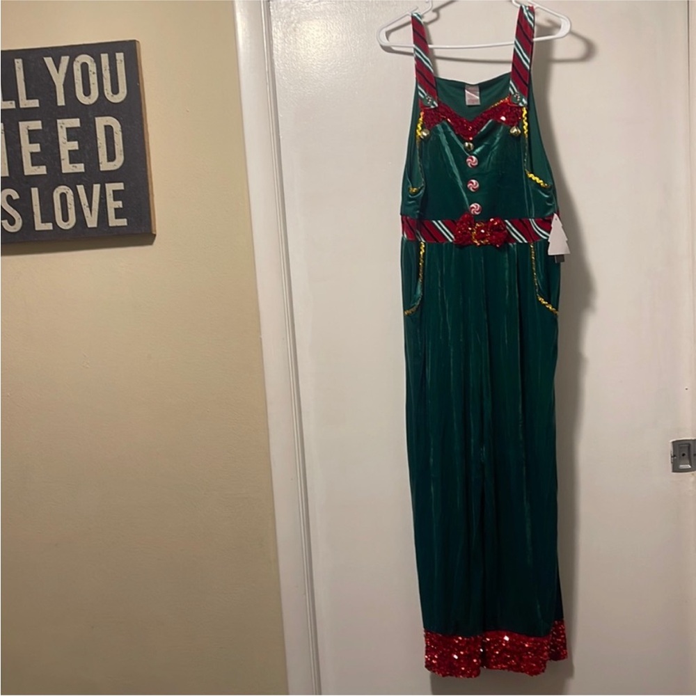 Holiday Green Velvet Sequin Jumpsuit with Red Trim